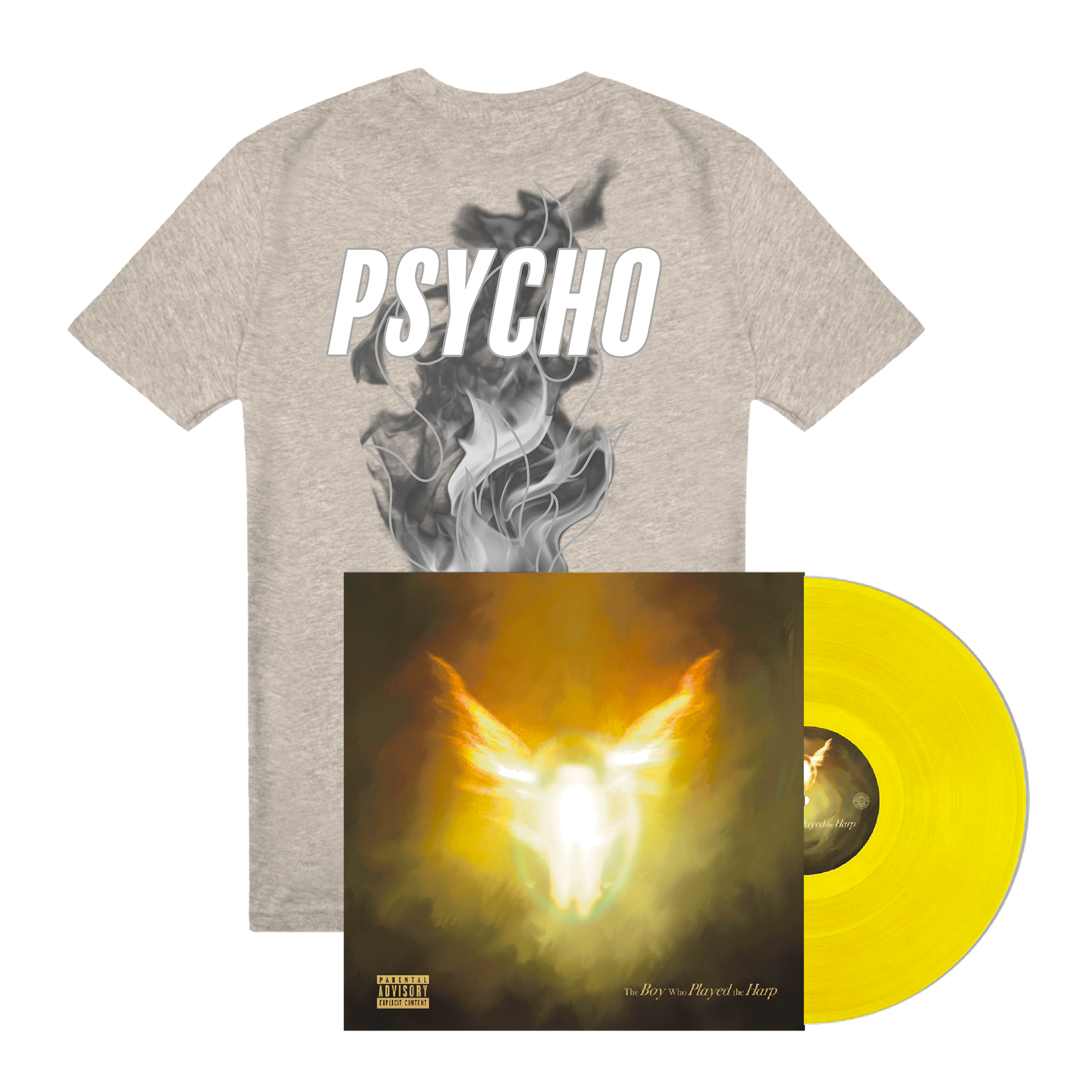 Dave The Boy Who Played the Harp Yellow 2LP Vinyl + Psycho 3M Flame Grey Tee Bundle 425654